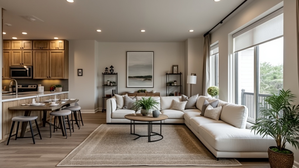 Open-concept small living room layout enhancing flow between living, dining, and kitchen areas with decor.