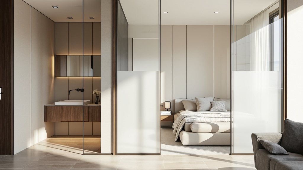 Open concept bathroom and bedroom with frosted glass partitions, seamless design, and natural light.