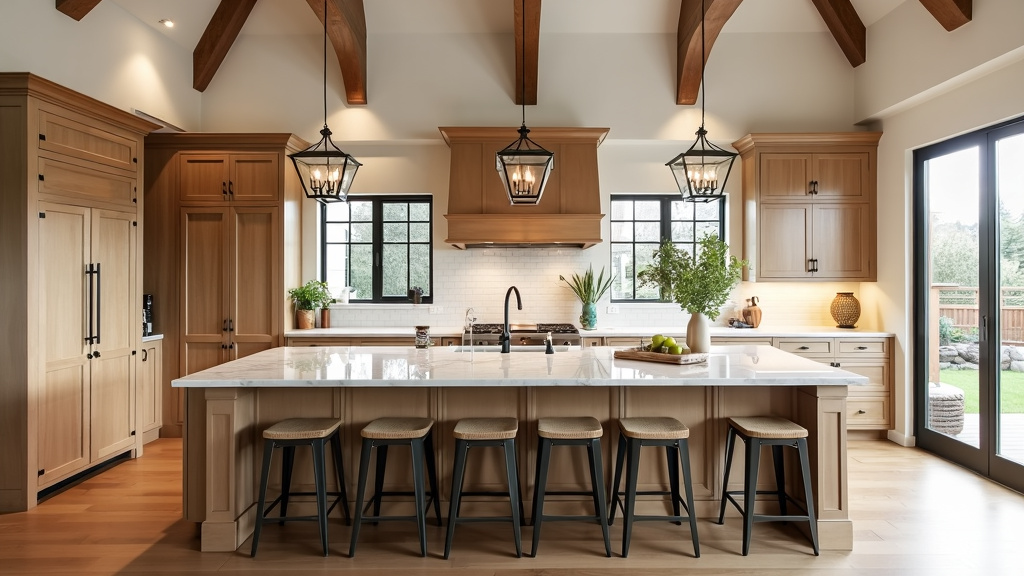 Modern farmhouse kitchen with open layout, oversized island, maple cabinetry, and white marble countertops.