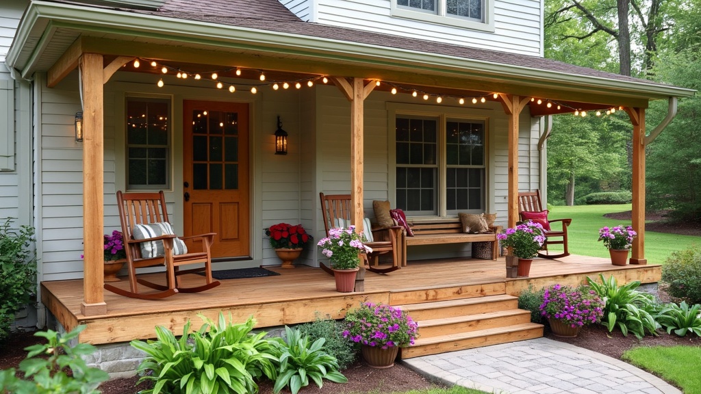A welcoming ranch porch with a large deck, rocking chairs, string lights, and vibrant flower planters.