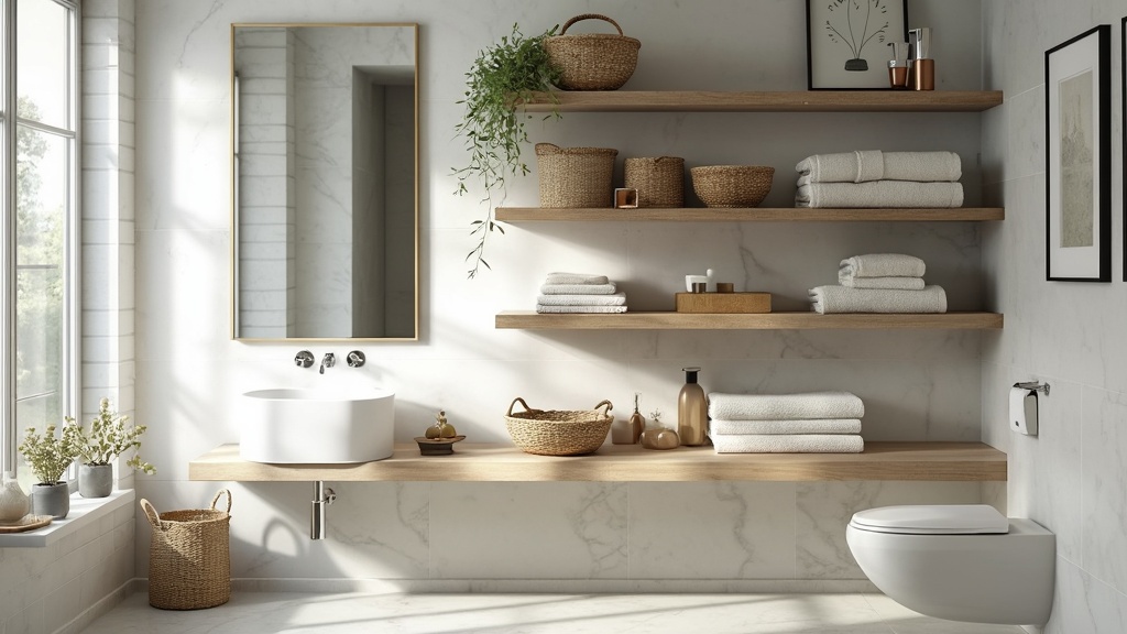 Open shelves in a small bathroom, displaying towels and decor, creating a functional and airy feel.