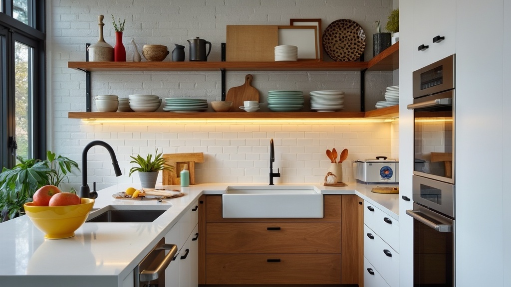 Redesigned galley kitchen with open shelving, colorful dishware, wooden shelves, metal brackets, and lighting.