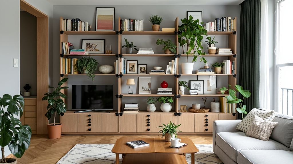 Open shelving in a small apartment displaying books, plants, and decor for a clean, personalized look.