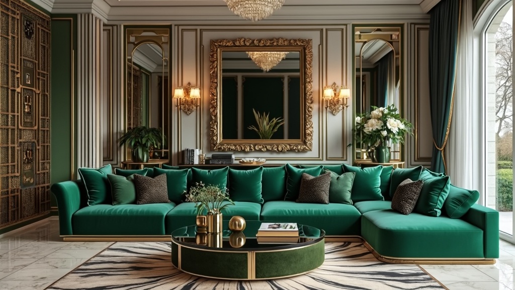 Opulent living room with jade green velvet sofa, marble floor, rich fabrics, and elegant decor elements.
