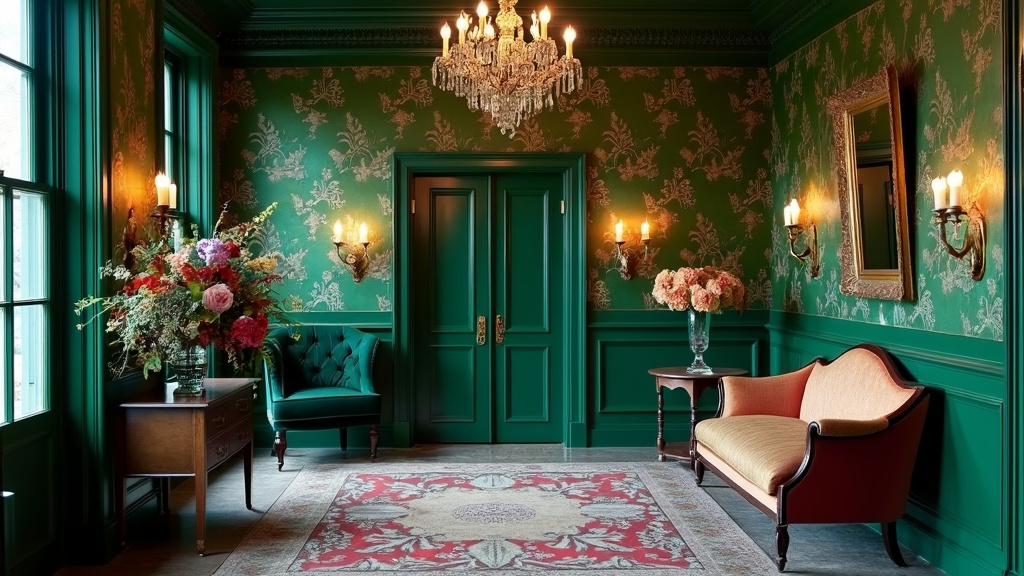 Opulent entryway design with jewel tones, chandelier, damask wallpaper, settee, and fresh flowers.