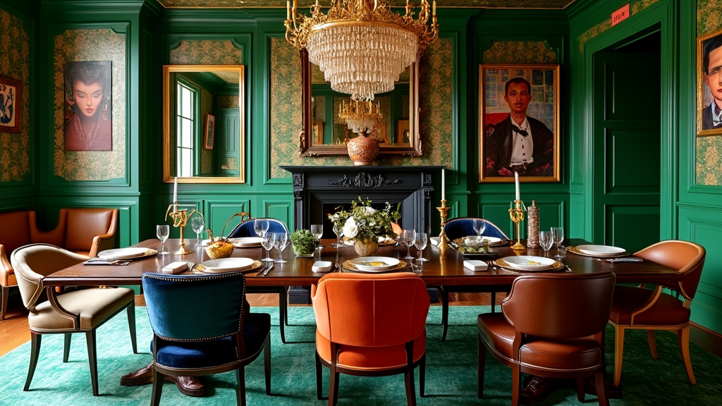 Luxurious dining room with emerald green walls, gold wallpaper, wooden table, eclectic chairs, chandelier.