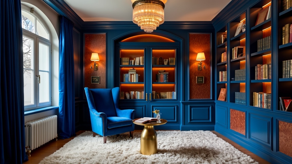 A luxurious sapphire blue reading nook with a wingback chair, gold table, and Art Deco walls.