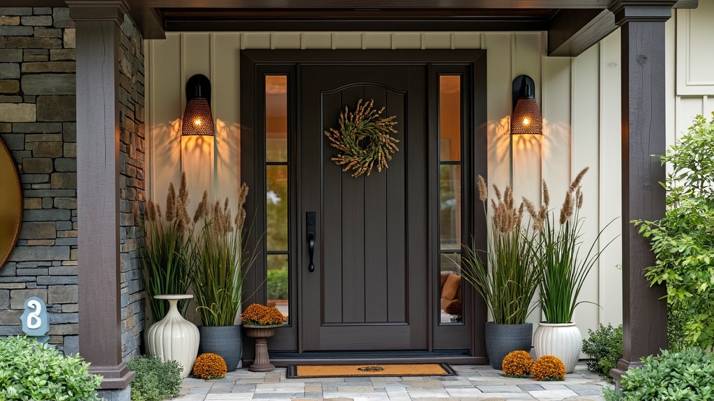 Outdoor art enhances entryway decor with sculptures and wall hangings, creating a captivating ambiance.