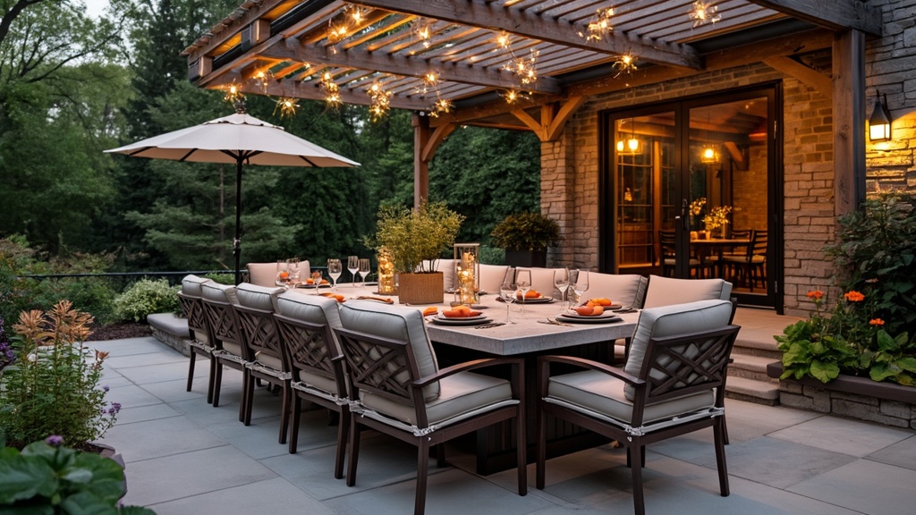 Outdoor dining setup with a large table, comfy chairs, pergola, lights, and lush greenery surrounding it.