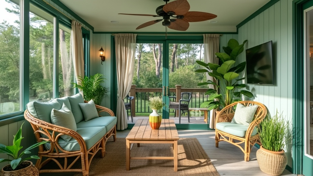 Outdoor-inspired living room with green and blue colors, wicker furniture, wood table, and plants.