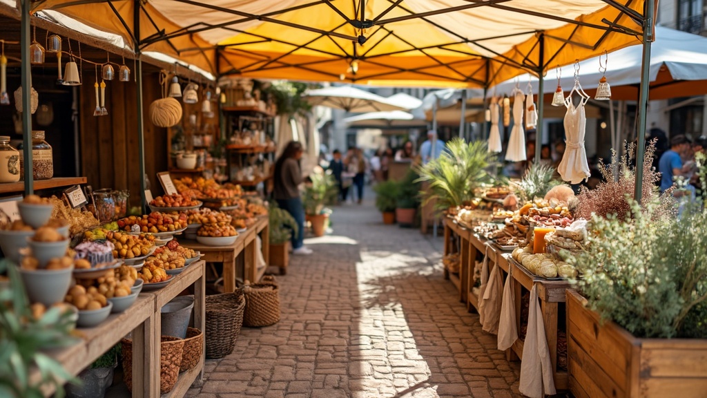 An outdoor market stand with a colorful canopy, showcasing crafts and artisanal goods in a vibrant setting.