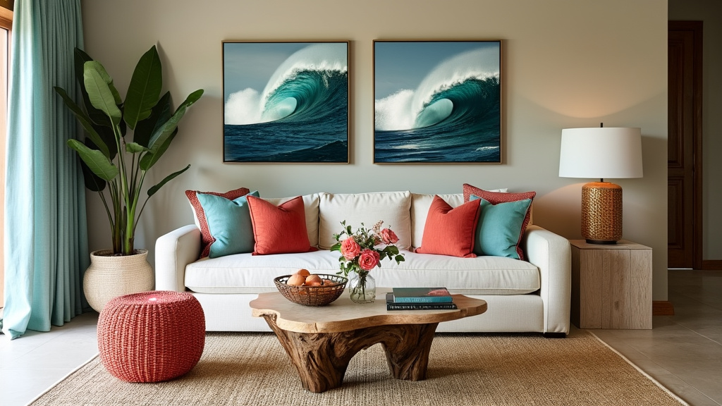 Living room featuring coral and teal couch, bamboo accents, driftwood coffee table, and calming art.