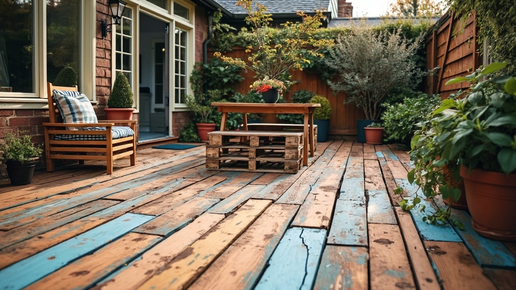 Painted wood pallets arranged as colorful, creative flooring for a unique and budget-friendly patio design.