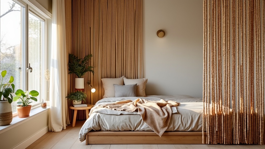 Beaded curtains divide a bedroom, adding warmth and texture while allowing light to flow through.