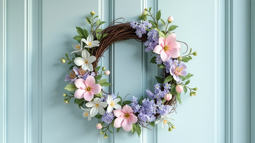 Pastel-themed wreath with lavender, light pink, soft blue, and green flowers for a spring entryway.