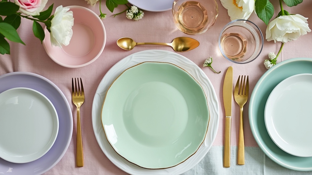 A spring table setting with pastel plates in mint green, blush pink, and lavender on white linens.