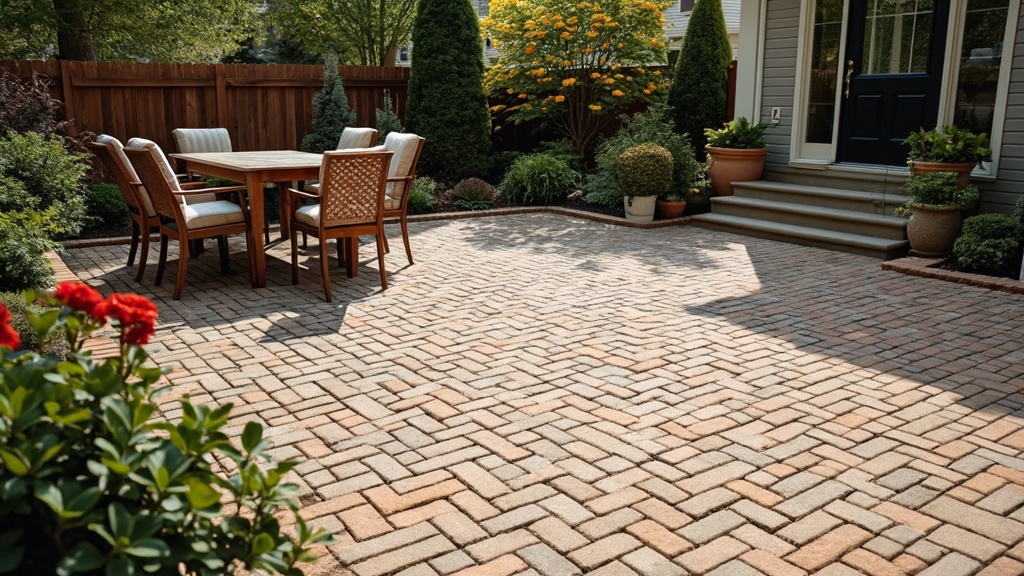 A beautifully designed patio made of paver bricks in various colors and patterns, showcasing durability.