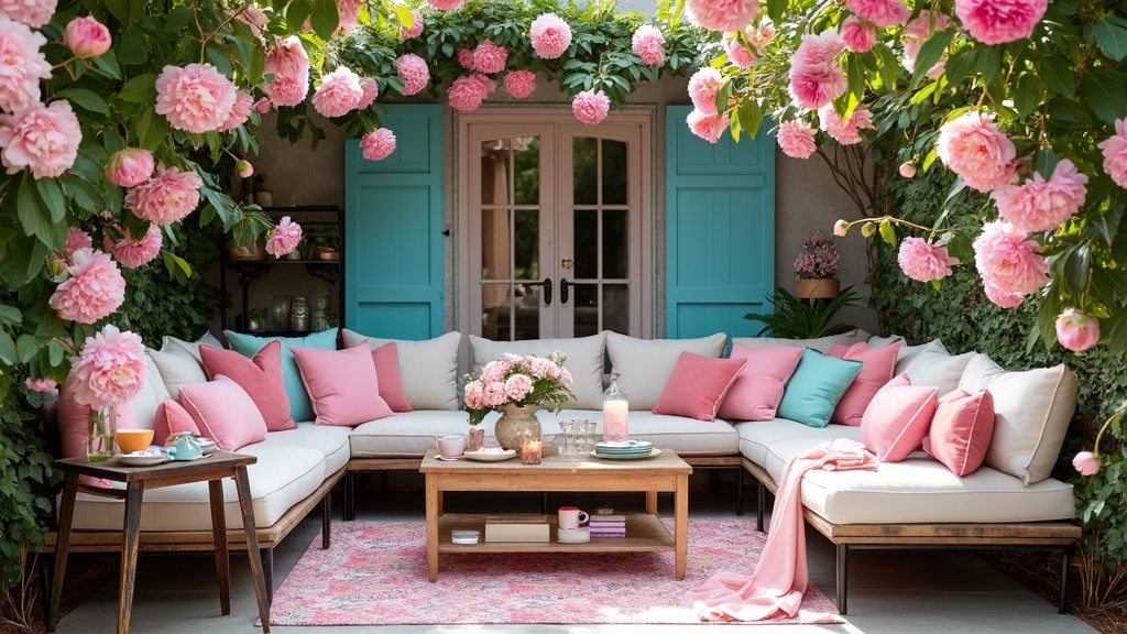 Colorful patio with pastel seating, vibrant cushions, peony bushes, and a rustic tea cart for gatherings.