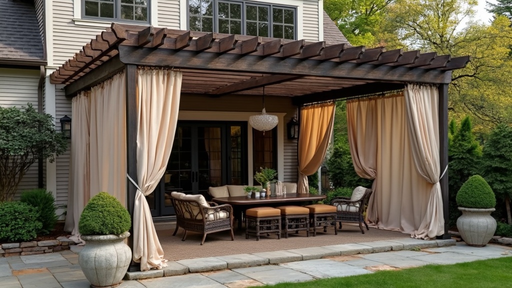 Elegant pergola with outdoor drapery serving as a stylish privacy screen in a garden patio setting.