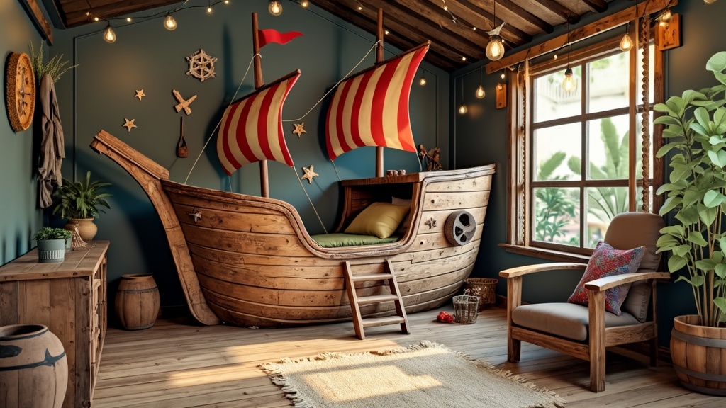A playful pirate ship hideout made from pallets, featuring a deck, lookout, and treasure chests inside.