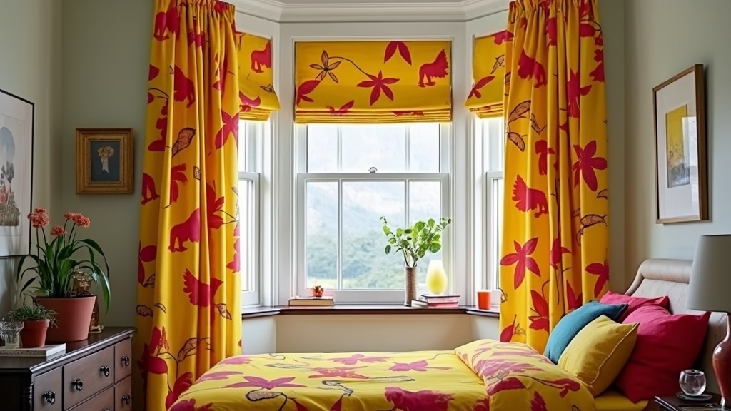Bold, colorful curtains with quirky patterns in a playful bedroom design, enhancing cheerful energy.