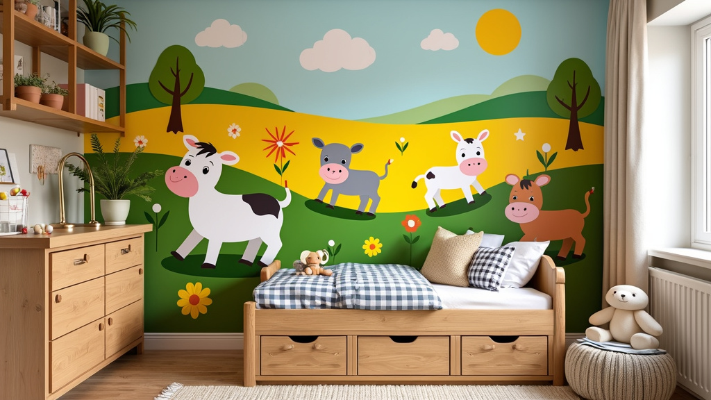 Mural of playful farm animals in a sunny field, rustic wooden bed, checkered textiles, and stuffed animals.