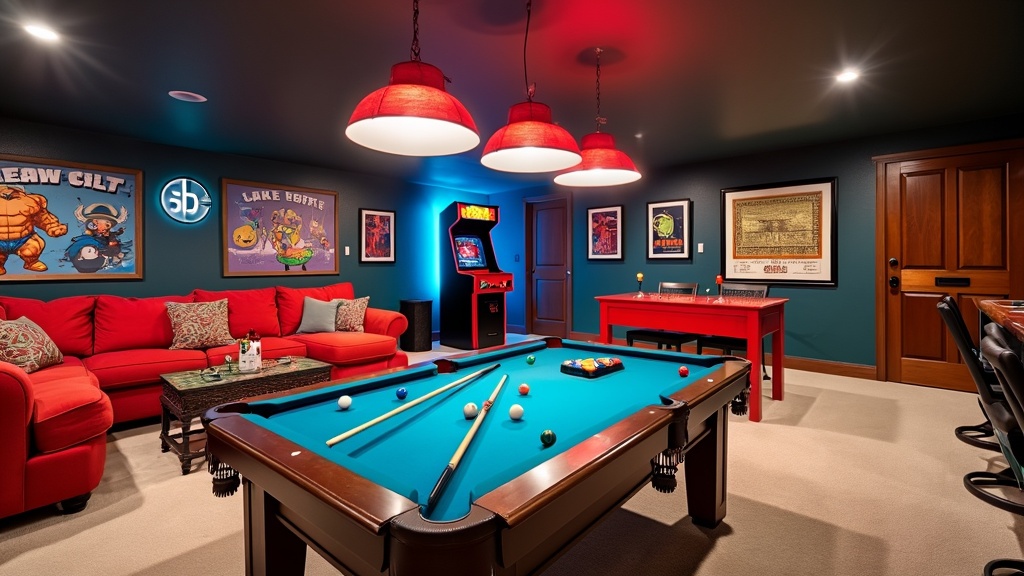 A vibrant basement game room with pool table, arcade games, bold colors, plush seating, and LED lights.