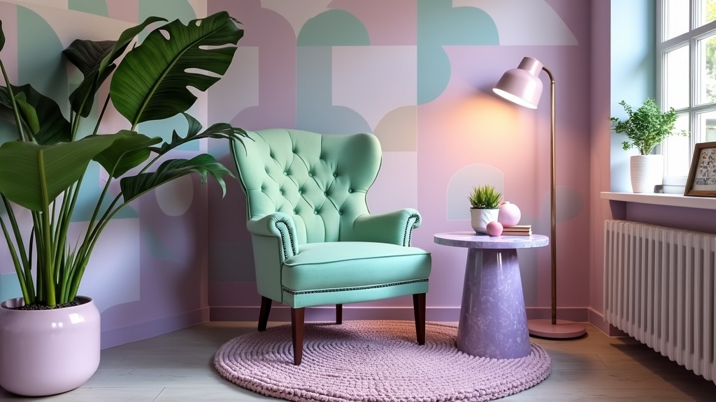 Whimsical reading nook with mint green vintage chair, pastel purple marble table, and geometric wallpaper.