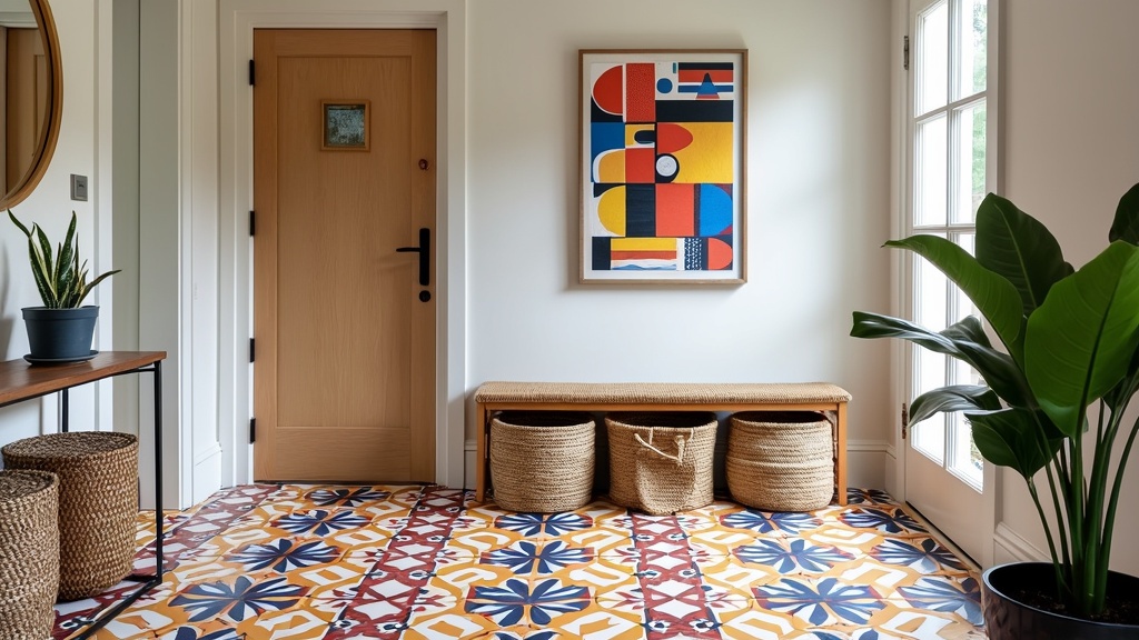 Vibrant patterned entryway with tiles, bold mat, woven baskets, and colorful wall art for a joyful feel.