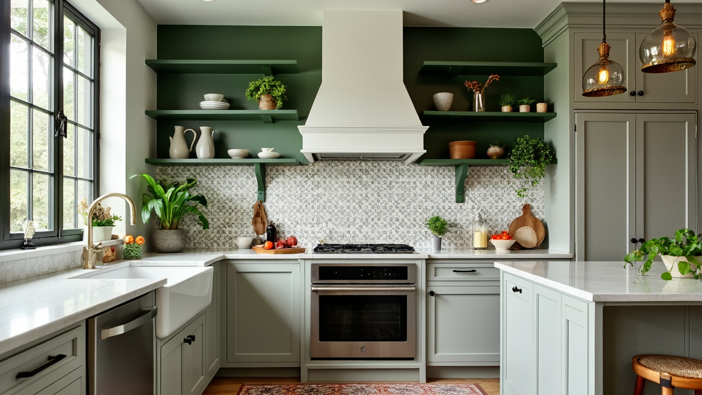 Transitional kitchen with light gray cabinets, geometric tile backsplash, muted green shelves, and plants.