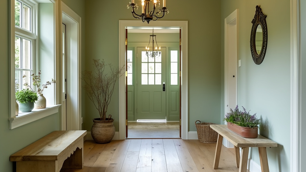 Entryway with polished pine, sage green walls, wildflowers in pots, and a vintage chandelier.