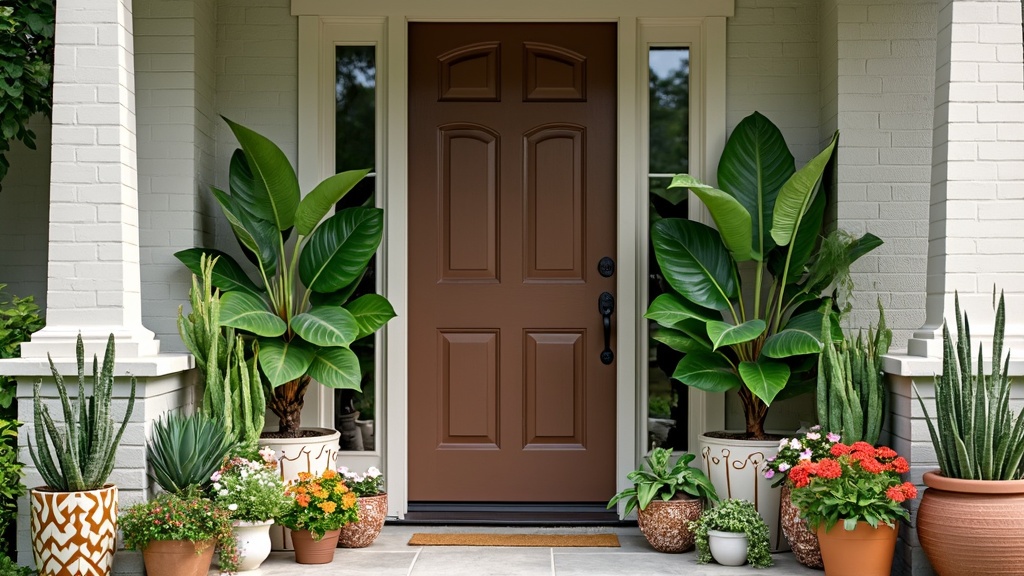 A beautifully arranged entryway with potted plants, including tall figs and colorful flowers, by a door.