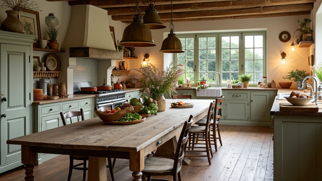 A vintage French kitchen with a large wooden Provencal table, rustic chairs, fresh produce, and flowers.