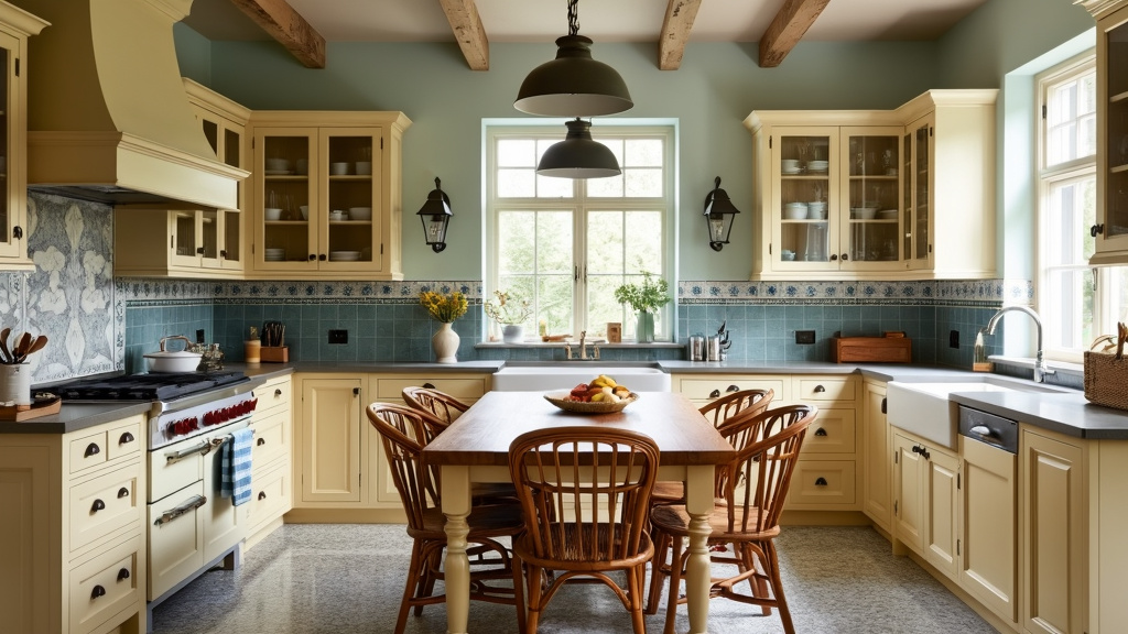 Charming vintage kitchen with patterned tiles, creamy cabinets, wooden farm table, and wicker chairs.