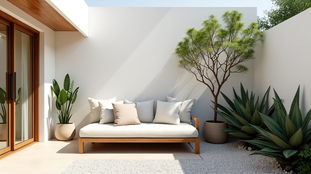 A minimalist patio with white walls, wooden elements, a functional daybed, and minimal greenery.
