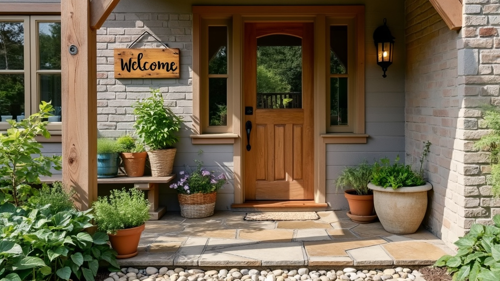 Charming country entryway with cobblestone floor, wooden porch, herb garden, and rustic decor.