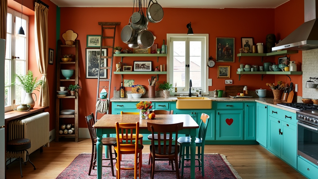 A vibrant kitchen with rich teal and rusty orange colors, eclectic art, mismatched hardware, and quirky decor.