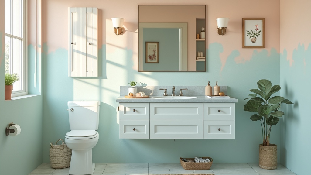 Freshly painted bathroom with light colors, bold accent wall, and updated trim for a revitalized look.