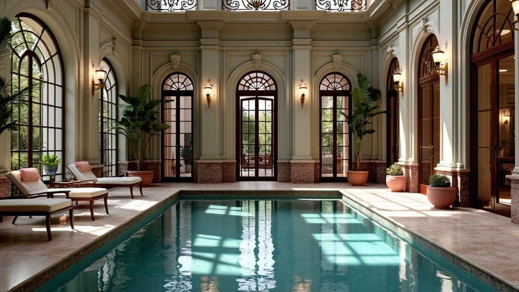 A luxurious pool area blending Victorian elegance with modern style, featuring wrought iron railings and lounge chairs.