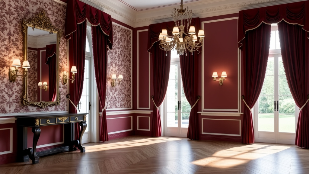 Victorian entryway with burgundy tones, ivory moldings, vintage mirror, ornate fixtures, and velvet curtains.