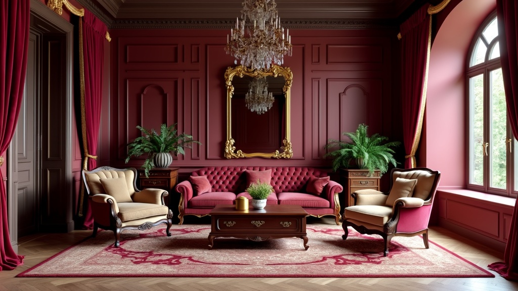 Victorian-inspired living room with burgundy and gold decor, velvet curtains, ornate furniture, and mirrors.