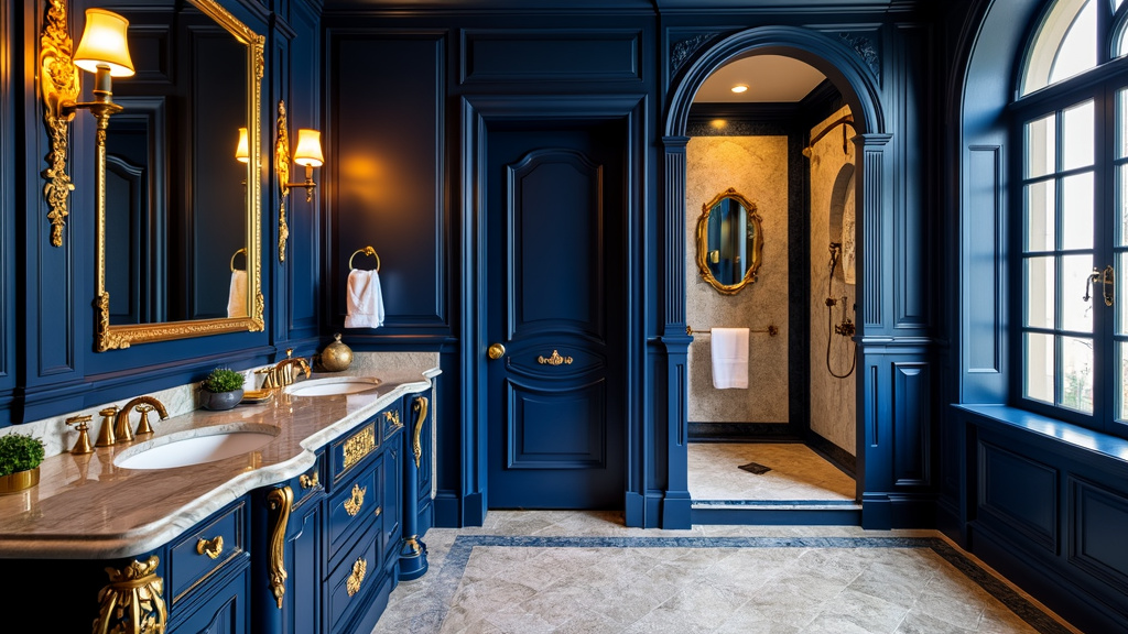 Elegant bathroom design featuring royal blue and gold hues, vintage sconces, and intricate woodwork.