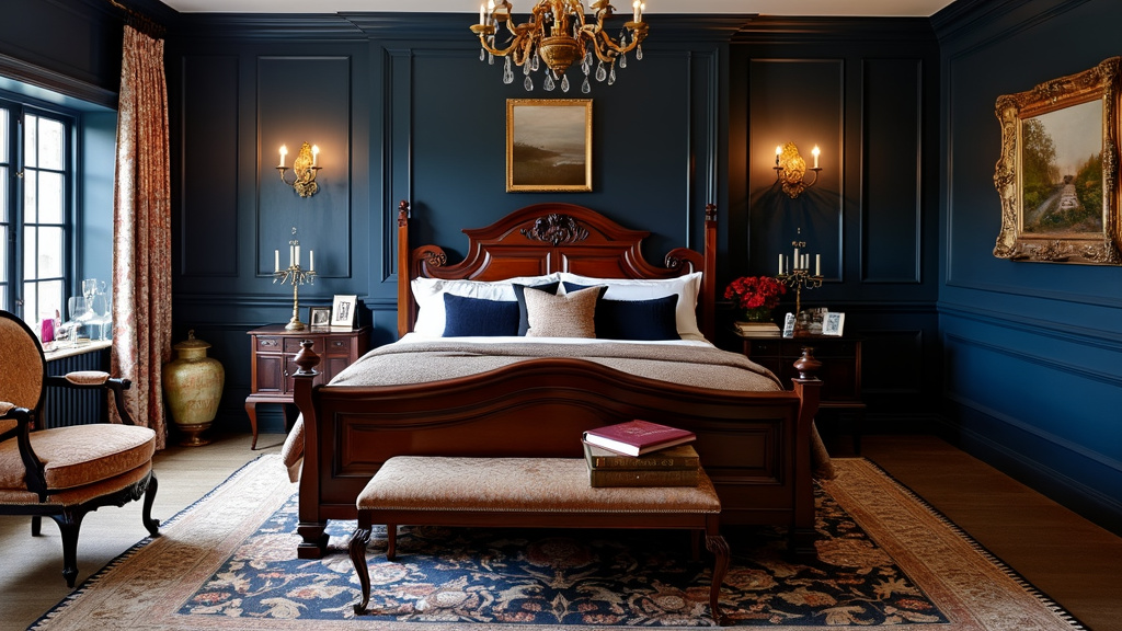 Regal Victorian bedroom with navy walls, wooden sleigh bed, silk bedding, brocade chairs, and candelabras.
