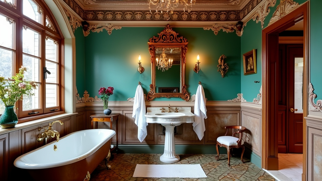 Victorian-inspired bathroom with jewel-toned tiles, ornate ceiling, freestanding sink, and antique details.
