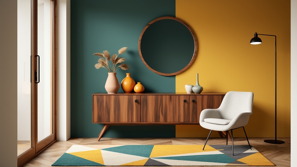 Entryway featuring Mid-Century Modern design, walnut console table, Eames chair, colorful vases, and rug.