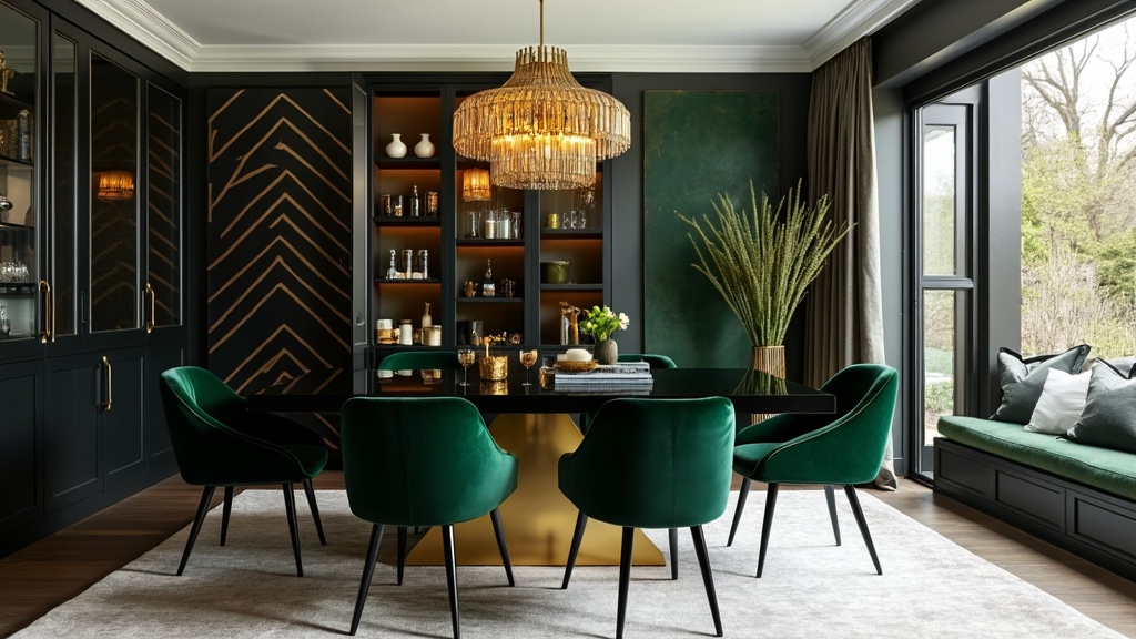 Mid-Century Modern dining room with a black table, gold base, emerald chairs, brass chandelier, and rug.