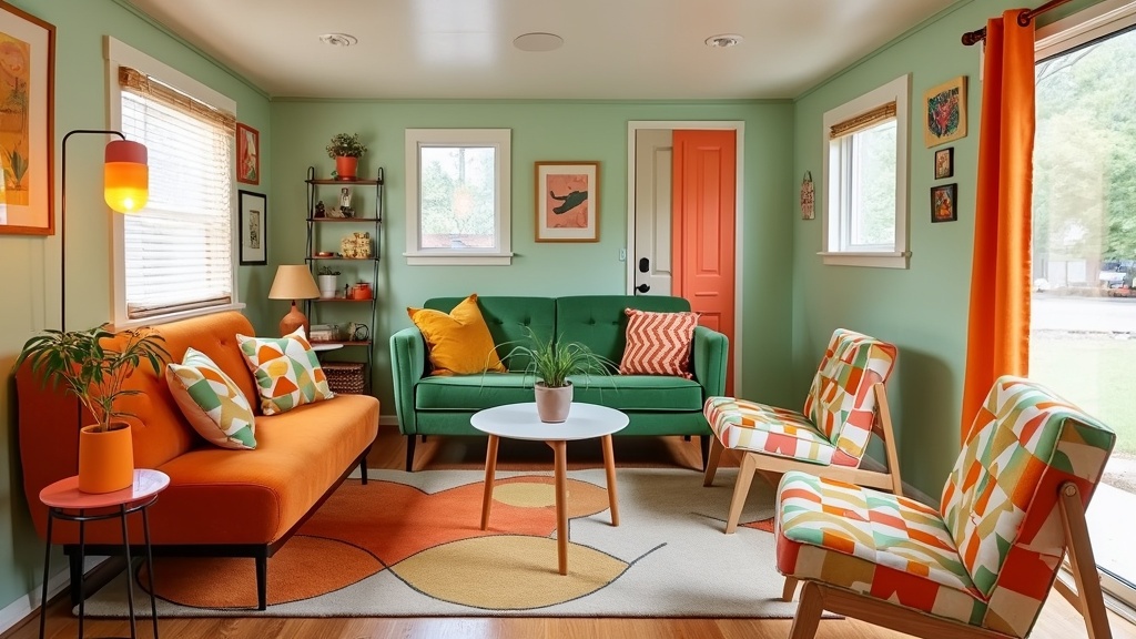 A vibrant retro mobile home interior featuring avocado green and burnt orange decor, vintage sofa, and funky lighting.
