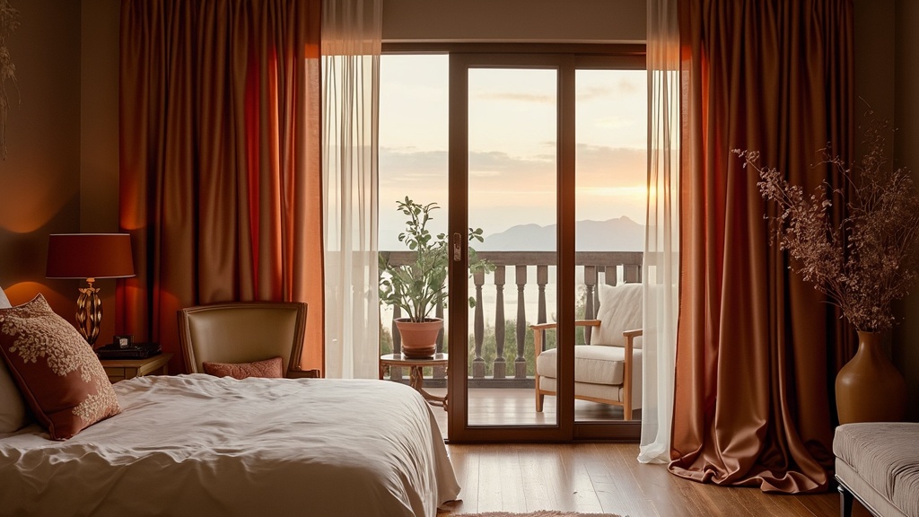 Elegant bedroom with dramatic silk curtains cascading to the floor, creating a romantic and inviting atmosphere.