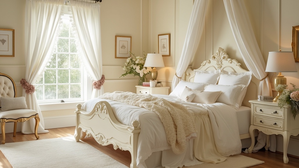 Warm, elegant bedroom with cream tones, white bedding, carved wooden bed, lace textures, and floral accents.