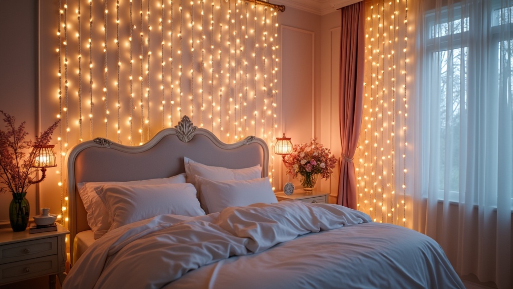 Beaded curtains with pearl-like beads in pastel colors drape elegantly, enhancing a dreamy bedroom entryway.